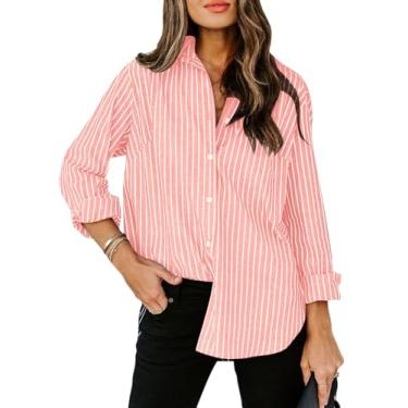 Imagem de siliteelon Camisas femininas de botão de algodão listradas camisa social manga longa colarinho escritório trabalho blusas tops, Listrado rosa claro, M