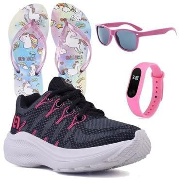 Imagem de Tenis Infantil De Amarrar Meninas Leve Desenhos LIGHT + Chinelo Oculos Relogio Cor:Preto;Tamanho:26