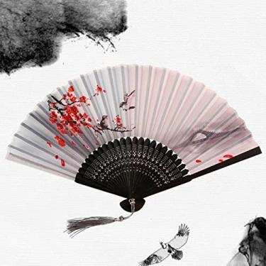 Imagem de YQHWLKJ Ventilador dobrável de seda estilo vintage ventiladores de mão ventiladores de mão arte artesanato menina presente decoração de casa casamento dança ventilador de mão