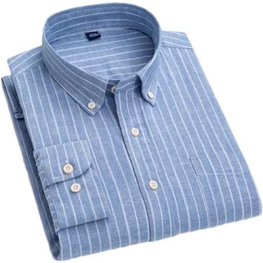 Imagem de Camisa masculina de algodão xadrez casual de linho com bolso único abotoada manga longa listrada, T0c1807, GG