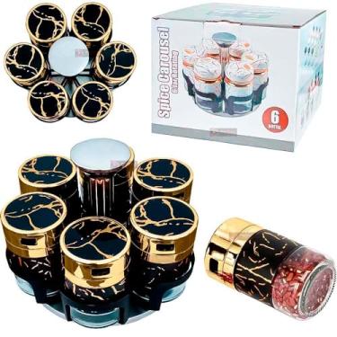 Imagem de Porta Condimento Giratorio Redondo Aço Inox Cromado Vidro Cozinha 6 Potes 150ML Com Tampa Dosadora Tempero Especiarias - Dourado Cor Ouro Efeito de Marmore Luxo (Preto Com Dourado - Cor Ouro)