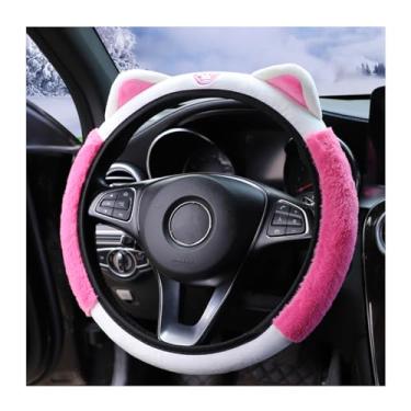 Imagem de Bittwee Capa de volante de carro, pelúcia macia fofa para o inverno quente, protetor de volante fofo com orelhas de gatinho, universal 38 cm, elástico e antiderrapante, acessórios de carro de decoração adorável (rosa vermelha)