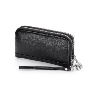 Imagem de NIGEDU Bolsa clutch feminina de couro genuíno com zíper duplo porta-cartões com alça de pulso, Preto