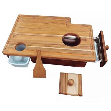 Imagem de Tábua para Churrasco Carne com Gaveta e Dispenser Madeira Teca 48x32cm 101 - Dorémi Grill