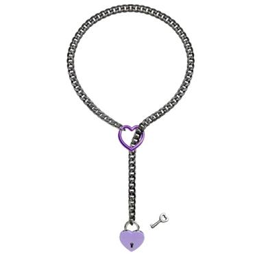 Imagem de paloli Colar feminino de corrente deslizante com coração roxo, colar longo cubano punk rock, joia feminina, colar em Y ajustável com cadeado de coração com chave (corrente preta, coração roxo,