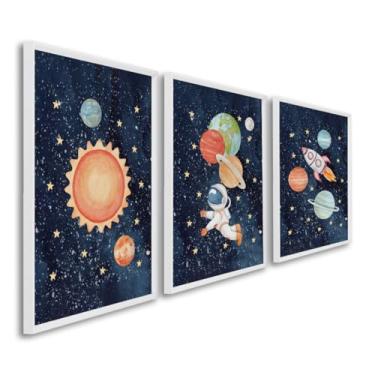 Imagem de Quadro Decorativo Infantil Aventura Espacial Astronauta, Planetas e Foguete Decoração Divertida (Branco, 50x75 S/Vidro)