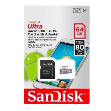 Imagem de Cartão de Memória 64GB Sandisk, Compatível com Diversos Dispositivos. 
