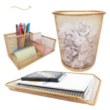 Imagem de Kit Escritório Lixeira Bandeja Organizador Mesa Dourado Ouro - Markys 