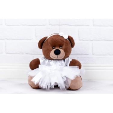 Imagem de PELUCIA URSO TEDDE 15 CM - DAMINHA CETIM BRANCO (PELUCIA MARROM - DETALHE PADRÃO)