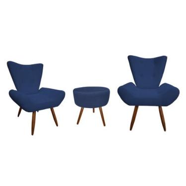 Imagem de Kit 2 Poltronas Decorativa Emilia + Puff Redondo Suede Azul Marinho Pé