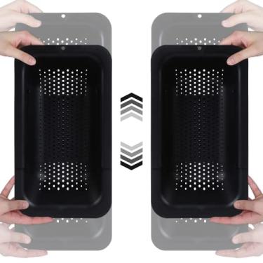 Imagem de BLUE GINKGO Cestas de escorredor de pia – (pacote com 2) lavar legumes e frutas, macarrão cozido e pratos secos – extensível – Novos itens essenciais de cozinha para casa (2 pretos)