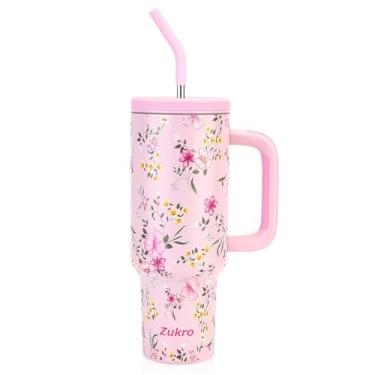 Imagem de Zukro Copo de 1,134 g com alça e canudo, tampa rosqueada com orifício largo para palha, copo de aço inoxidável isolado cabe no porta-copos para viagens - sem suor e mantém bebidas frias - pode ser