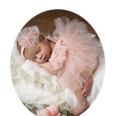 Imagem de Ylsteed Roupas de fotografia para recém-nascidas, meninas, adereços de fotografia para recém-nascidos, macaquinho de renda com saia de tule e faixa de cabeça feita à mão, roupas para sessão de fotos