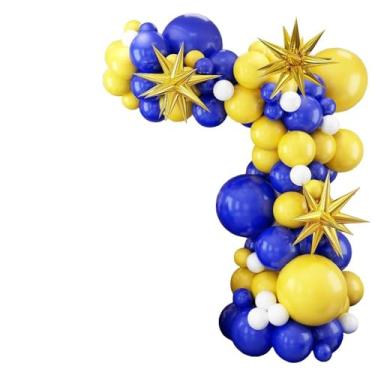 Imagem de Uniquer Blue Yellow Balloon Arch Kit, Royal Blue Yellow White Latex Balloons Garland Kit with 4D Exploding Star Foil Balloons for Graduation Boys Birthday Party