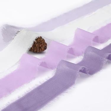 Imagem de U-LIAN 4 peças de fita de seda de chiffon com franja feita à mão 3,8 cm x 5,47 m x 4 peças (total 21,87 jardas) conjunto de fitas roxas para convites de casamento, buquês de noiva, embrulhos de