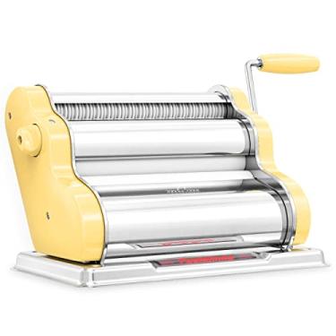 Imagem de PASTALINDA Máquina de fazer massa clássica 260, rolos de 26 cm de largura, 9 posições de espessura, 2 posições de corte, aço inoxidável. Inclui manivela de mão reforçada e dois grampos (amarelo)