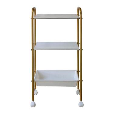 Imagem de Carrinho Mesa Auxiliar Estética 2 Prateleiras E 1 Bandeja Dourado - E-