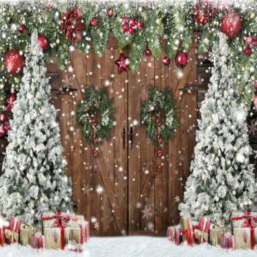 Imagem de Wollmix Cenários de Natal para fotografia, celeiro rústico de inverno porta de madeira fundo de foto árvore de véspera de natal faixa de neve família decoração de festa de férias suprimentos retratos cabine de fotos adereços de estúdio 3 x 3 m