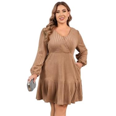 Imagem de Vestido feminino plus size casual gola quadrada manga lanterna longa gravata cintura pulôver pulôver solto, 57#cáqui 0-cinto, XGG