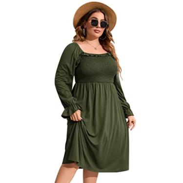Imagem de KOJOOIN Vestido feminino plus size de manga comprida com babados, gola quadrada, cintura alta, túnica, vestido maxi de maternidade, Verde escuro, 3G