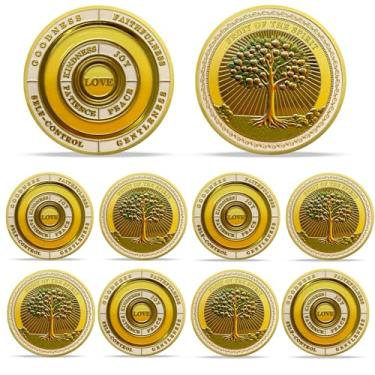 Imagem de 10 peças Fruit of The Spirit Christian Challenge Coin - Gálatas 5:22-23 Jesus Religious Token - Art God Pocket Bible Verses Coins for Study - Presentes comemorativos de boa sorte para homens, mulheres