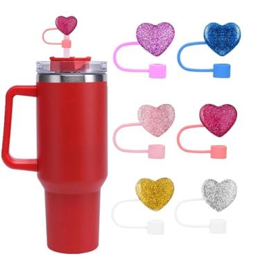 Imagem de 6 peças de tampas de palha de coração para copo Stanley, tampas de canudo de silicone com glitters coloridos, 10 mm, 1 cm, reutilizável, vermelho, rosa, prata, azul, roxo, canudo, acessórios para copo