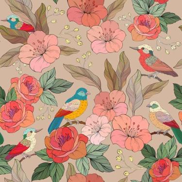 Imagem de VaryFloral Papel de parede floral de pássaro de 61 cm x 299 cm, flor rosa, vintage, bege, papel de parede colorido, pássaros, decorativo, floral, para armários, quarto, sala de estar, papel de parede