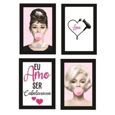 Imagem de Quadros Cabeleireira Salão Beleza Decoração Kit 4 Peças - camaleao per