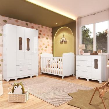 Imagem de Quarto de Bebê Completo Guarda Roupas Cômoda 3 Portas Janeladas e Berço com Rodizio 100% MDF Lana Espresso Móveis Branco Brilho
