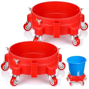Imagem de Datanly 2 peças de 5 galões balde com 5 rodízios giratórios 29 cm balde de lavagem de carro Dolly de plástico redondo para lavagem de carro garagem construção vaso de flores (vermelho)
