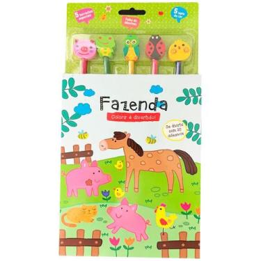 Imagem de Livro Infantil Colorir É Divertido! Fazenda Com Adesivos Lápis De Cor 