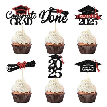 Imagem de 24Pcs Glitter Graduation Cupcake Toppers 2024 Congrats Grad Cap Cake Toppers Diploma Cupcake Toppers for Graduation Party Decorations(Black and Red)