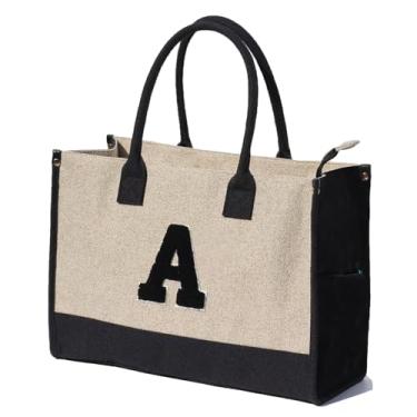 Imagem de ESVAN Sacola de lona personalizada para presentes de linho, bolsas de mão com fecho de zíper inicial, bolsa utilitária retrô, A