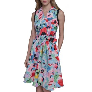 Imagem de KARL LAGERFELD Vestido feminino sem mangas com laço, Branco macio/azul hortênsia multi/preto, 40