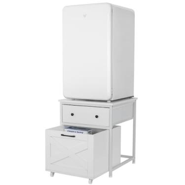 Imagem de TDLEAYYD Mini Suporte de Geladeira Farmhouse com Cesta de Rodinhas, Gaveta, Branco, para Dormitório, Escritório, Apartamento