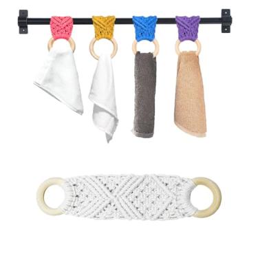 Imagem de 2 peças anel de suporte de toalha de macramê | Clipes de toalha de cozinha para alça de forno | Suporte de toalha de crochê | Anéis de suporte de toalha de crochê para pendurar toalhas de cozinha