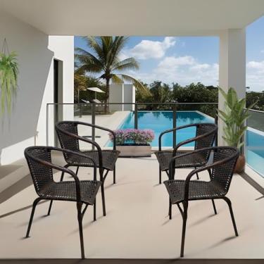 Imagem de Conjunto 4 Cadeira Ravena Poltrona de Junco para Área Piscina Jardim Terraço Deck em Aço Fibra Sintética (Bronze)