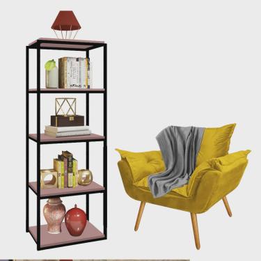 Imagem de Kit Poltrona Fatte com Manta Soft Cinza e Estante Livreiro Ferro Preto mdf Rose Suede Amarelo - Ahz Móveis