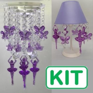 Imagem de Conjunto Luminaria de Mesa Abajur + Lustre Infantil Menina Bailarinas Borboletas QUartinho de Bebe Decoração Cor Roxa Violeta Quarto de Menina - Kit A