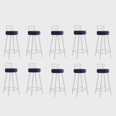 Imagem de Kit 10 Banqueta Alta Com Encosto Tina Eiffel Cozinha Bar Bistrô Ferro Branco Suede Azul Marinho - Ahazzo Móveis