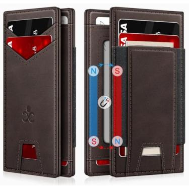 Imagem de Carteira masculina fina de couro para 9 a 13 cartões, carteira fina com bloqueio de RFID com janela para identidade e compartimento para dinheiro elástico, carteira pequena minimalista dobrável para