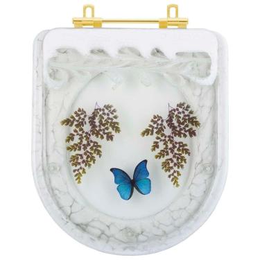 Imagem de Assento Sanitario Poliester Decorado Borboleta Azul Carrara Para Vaso Deca Com Ferragem Dourada