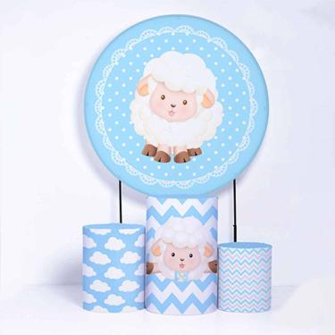 Imagem de Kit Painel de Festa Redondo de 1,50m e Trio de Cilindros Ovelhas - Fera Print