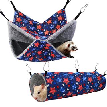Imagem de petonfun Conjunto de rede de rato furão, cama escondida de porquinho-da-índia, brinquedos macios para hamster, túneis e tubos pendurados, chinchila de pelúcia para animais de estimação para gaiola acessórios para esconder, brincar e dormir, pacote com 2, estrela azul