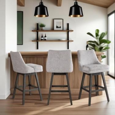 Imagem de Armen Living Banqueta giratória Branson cinza de madeira maciça estofada de 76 cm com altura de barra com assento de tecido cinza - conjunto de 3