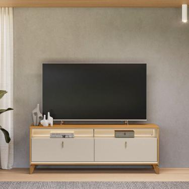 Imagem de Rack Dubai para TV 70 Polegadas com LED Pés em Madeira Maciça TAUARI/OFF WHITE FOSCO