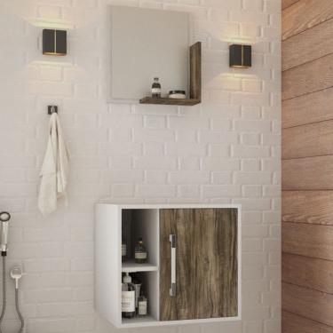 Imagem de Armário de Banheiro Olivia 1 Porta 2 Prateleiras com Espelho Branco Chess/Carvalho Dark  - Pnr Móveis