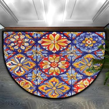 Imagem de AUUXVA Tapete de porta mexicano meio redondo, entrada interna, padrão de azulejo de cerâmica, antiderrapante, capacho absorvente, 61 x 91 cm, resistente ao desgaste, tapetes semicírculos, tapetes de