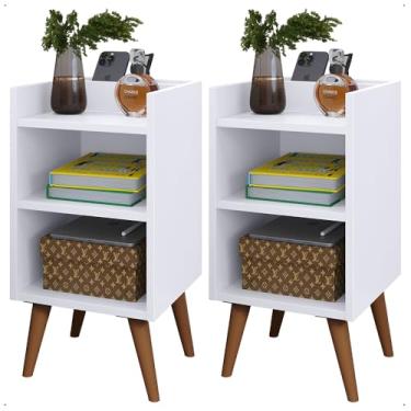 Imagem de Comprar Móveis em Casa, Kit 2 Mesas de Cabeceira Pés Palito estilo retrô Maysa Com porta celular cor Branco - Comprar Móveis em Casa