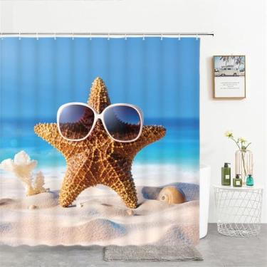Imagem de Cortinas de chuveiro estampadas com conchas de praia e mar, tela de cortina de banho com estrelas do mar, produtos à prova d'água, decoração de banheiro com ganchos, 3380W, W90xH180cm